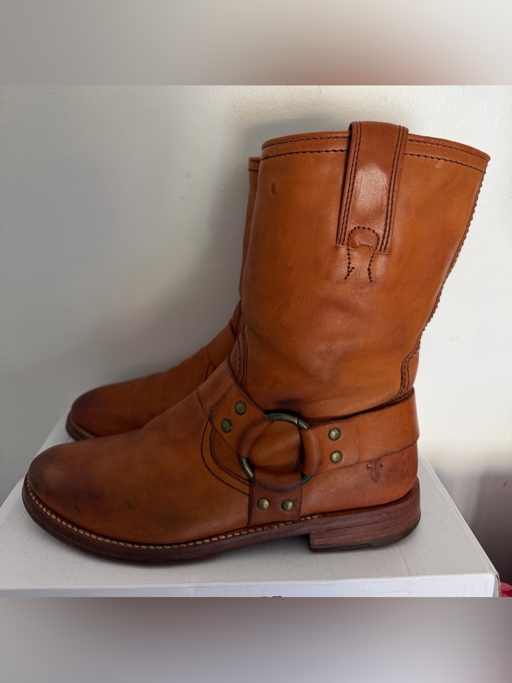 Frye Cognac Leather Harness Booties